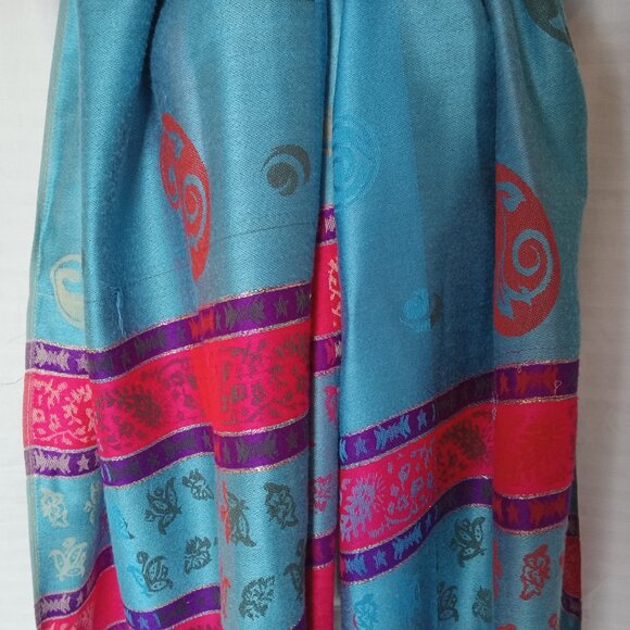 100% Pashmina Women Scarf Wrap Blue Pink Purple 70" x 27" Paisley - Picture 5 of 16